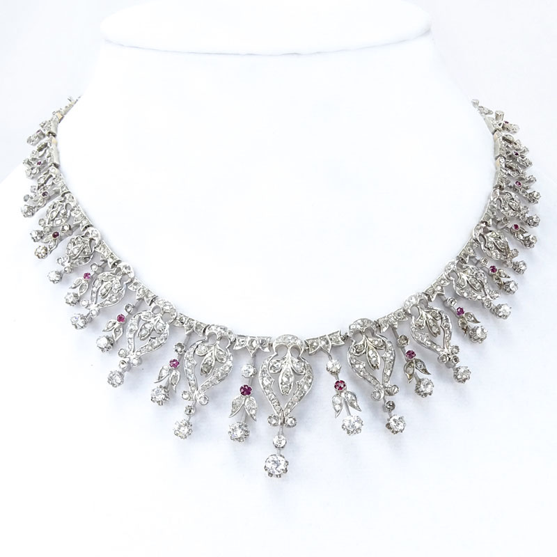 Victorian Approx. 12.50 Carat Diamond, Ruby and 14 Karat White Gold Necklace.