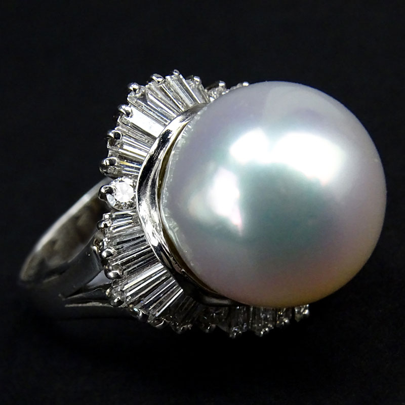 Vintage 14mm South Sea Pearl, 1.37 Carat Tapered Baguette and Round Brilliant Cut Diamond and Platinum Ring. 