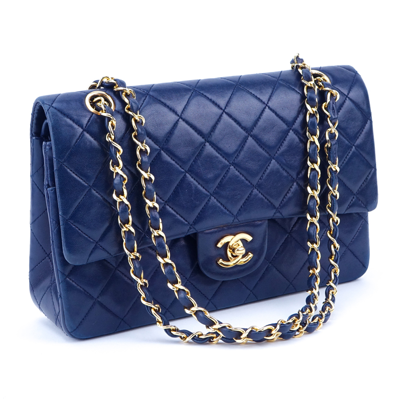 Chanel Navy Quilted Lambskin Leather Classic Double Flap Bag.
