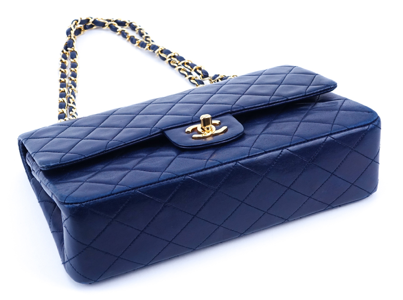 Chanel Navy Quilted Lambskin Leather Classic Double Flap Bag.