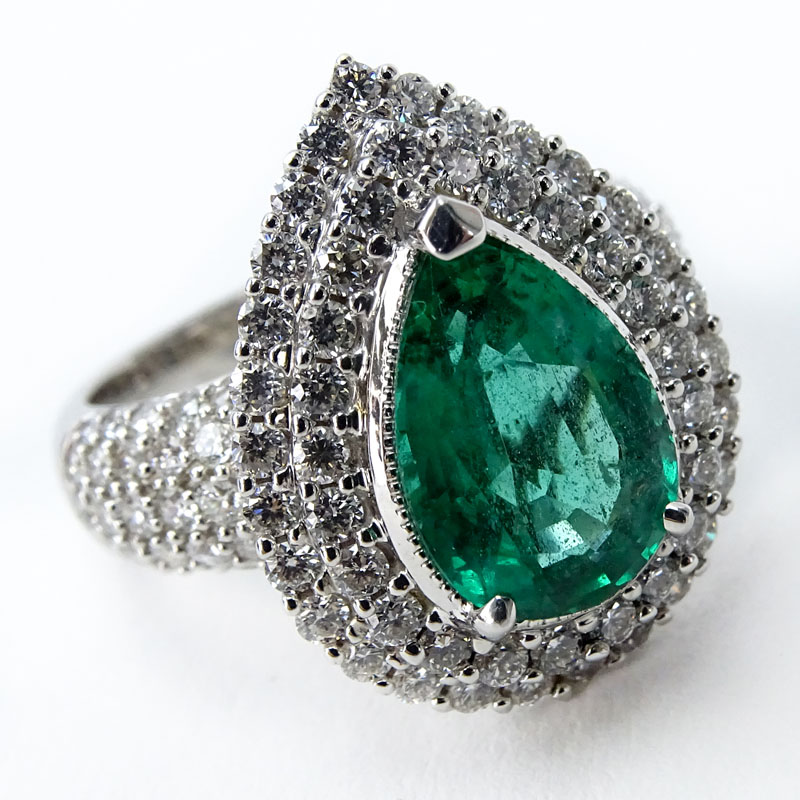 Approx. 2.72 Carat Pear Shape Emerald, 1.47 carat Pave Set Round Brilliant Cut Diamond and 18 Karat White Gold Ring. 