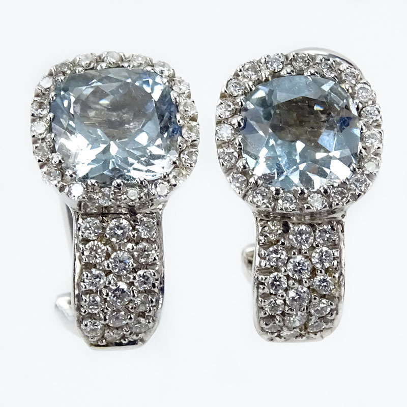 Vintage Approx. 2.0 Carat TW Cushion Cut Aquamarine, .68 Carat Diamond and 18 Karat White Gold Earrings. 