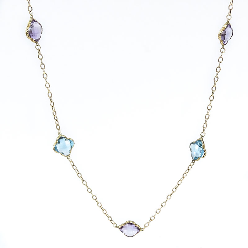 Vintage Amethyst, Blue Topaz and 14 Karat Yellow Gold Quatrefoil Necklace. 