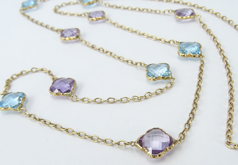 Vintage Amethyst, Blue Topaz and 14 Karat Yellow Gold Quatrefoil Necklace. 