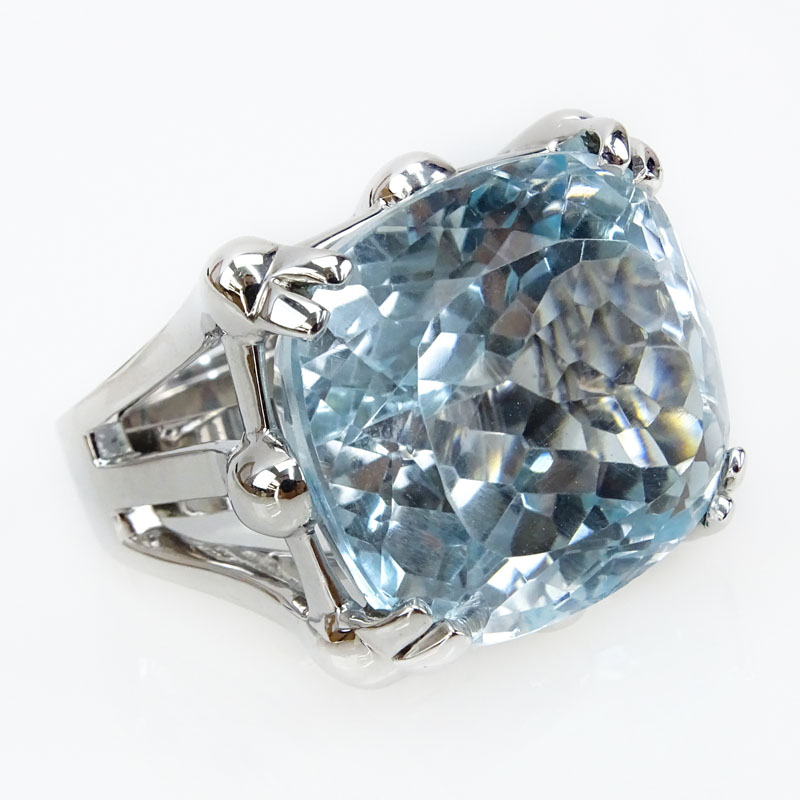 Approx. 56.0 Carat Cushion Cut Gem Quality Aquamarine and 18 Karat White Gold Ring.