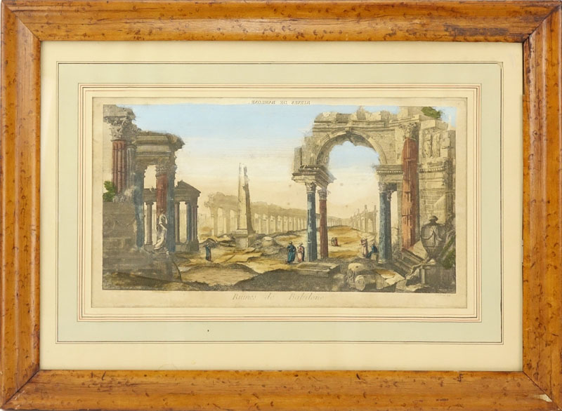 18th Century Ruines de Babilone-Middle Eastern Vues D'optique Color Engraving.