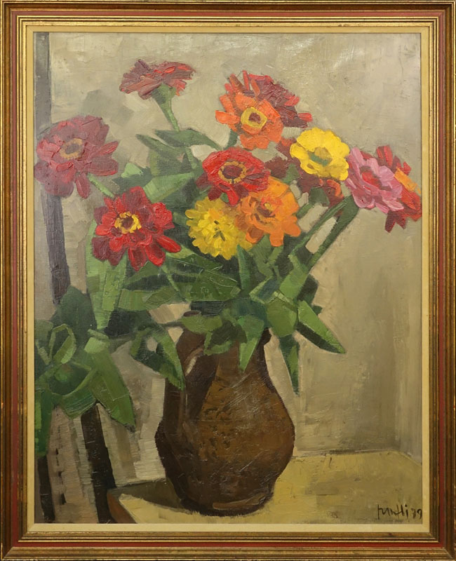 Walter Mafli, Swiss/French  (b. 1915) Oil on Canvas Still Life Flowers Signed and Dated 1979 Lower Right. Good condition. 