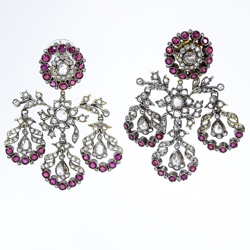 Antique Approx. 8.0 Carat Rose Cut Diamond, 7.50 Carat Ruby and 18 Karat Yellow Gold Chandelier Earrings. 