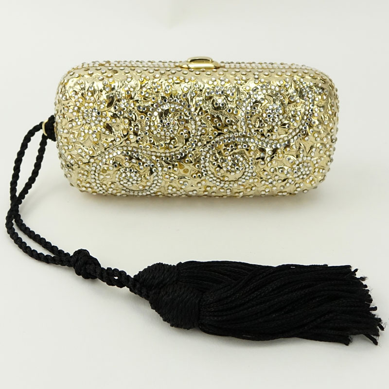 Vintage Judith Leiber Miniature Gold and Crystal Evening Bag With Black Tassels.