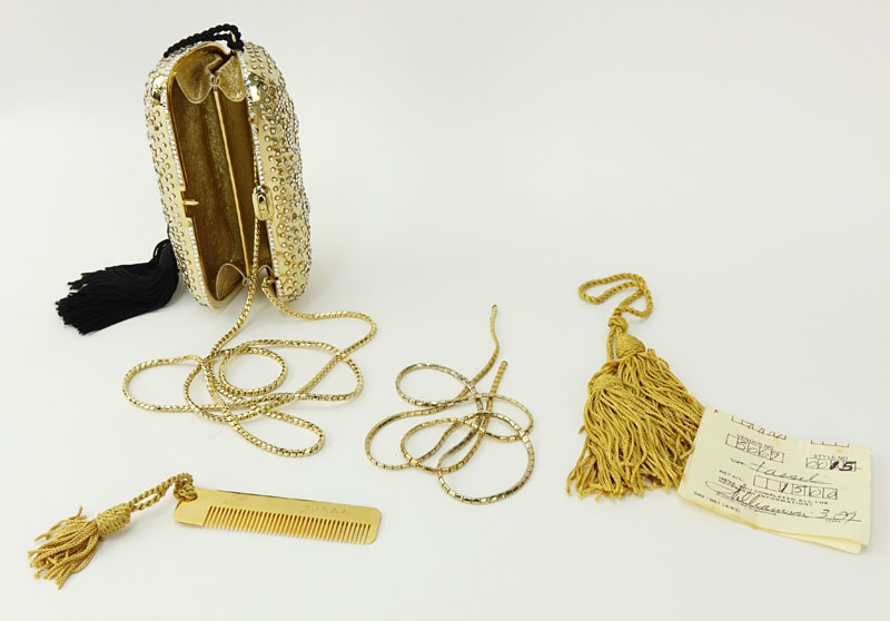 Vintage Judith Leiber Miniature Gold and Crystal Evening Bag With Black Tassels.