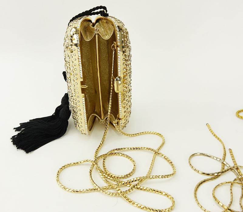 Vintage Judith Leiber Miniature Gold and Crystal Evening Bag With Black Tassels.