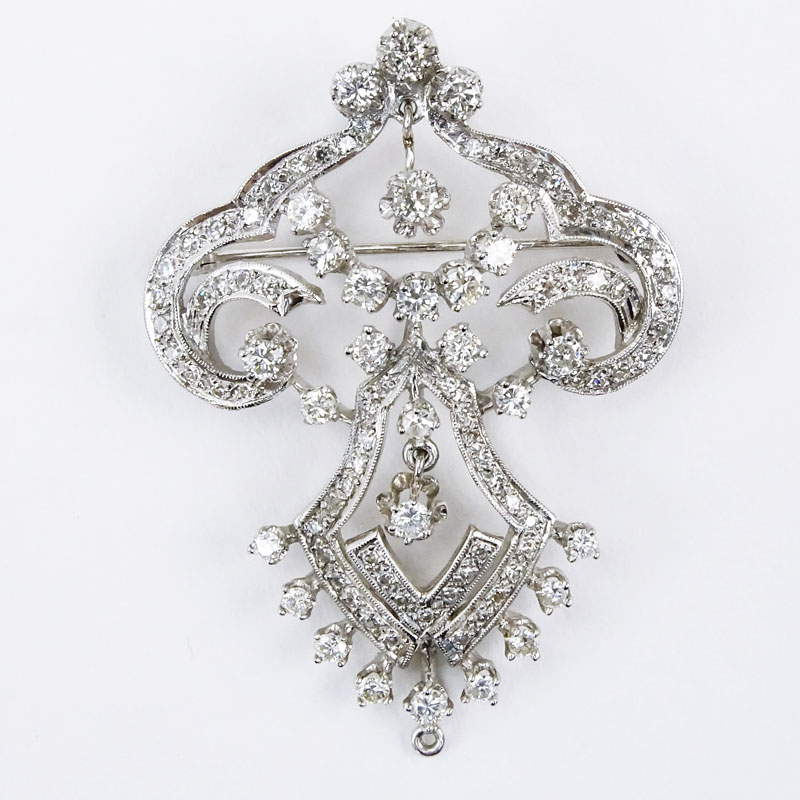 Vintage Approx. 3.0 Carat Round Brilliant Cut Diamond and 14 Karat White Gold Pendant / Brooch.