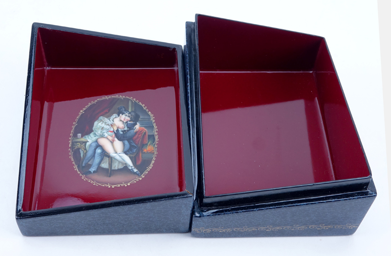 Russian Erotic Lacquered Paper Mache Card Box.