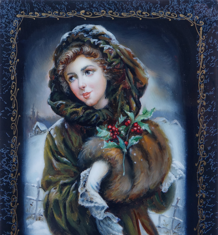 Russian Erotic Lacquered Paper Mache Card Box.