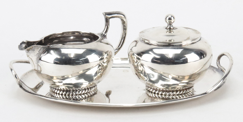 Reveri Mexican Sterling Silver Three Piece Sugar & Creamer Set On Tray.