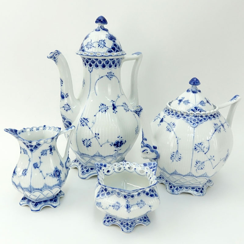 Four (4) Piece Royal Copenhagen Blue Lace Coffee/Tea Set.