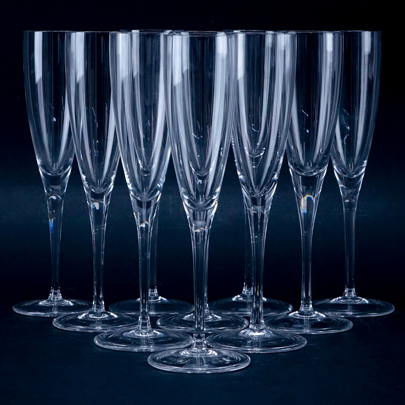 Set of Ten (10) Tiffany & Co Classic Optic Crystal Tall Champagne Flutes.