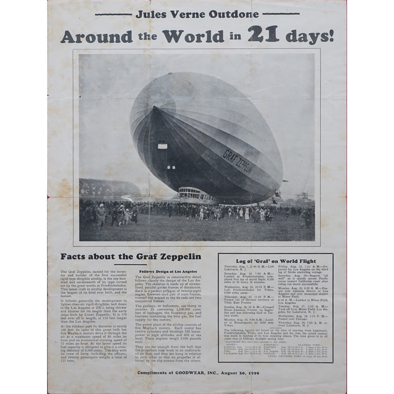 1929 Graf Zeppelin Ad. Compliments of GOODWEAR, Inc August 30, 1929. 