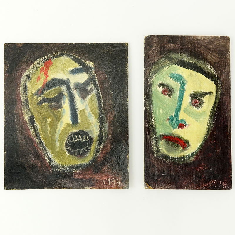 Two (2) German Expressionist Oil On Card Paintings "Portrait" Unsigned, bears date 1945. 