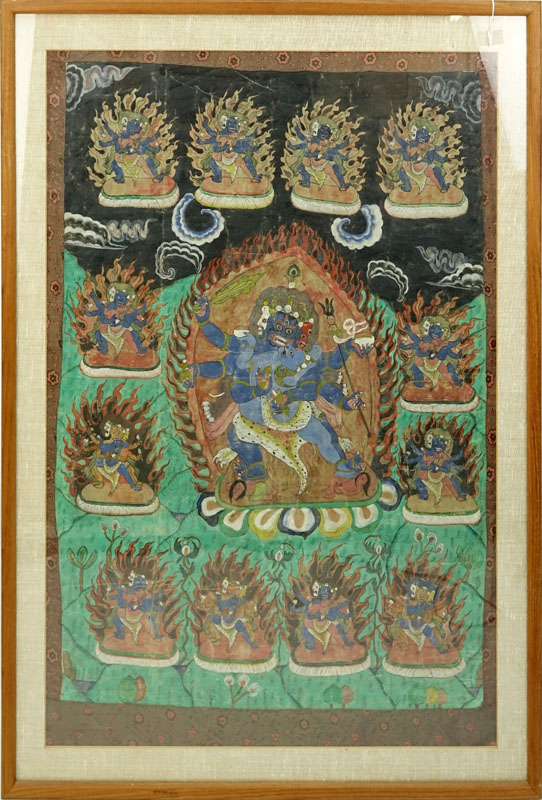 19th Century Tibetan Thangka Gouache Painting on Silk.