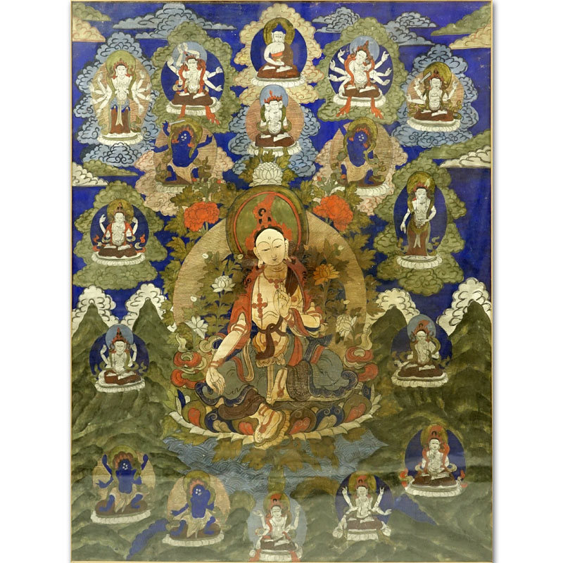 19th Century Tibetan Thangka Gouache Painting on Silk.