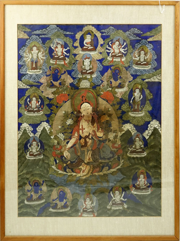 19th Century Tibetan Thangka Gouache Painting on Silk.