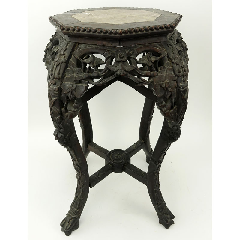 19/20th Century Chinese Craved Marble Top Plant Stand.