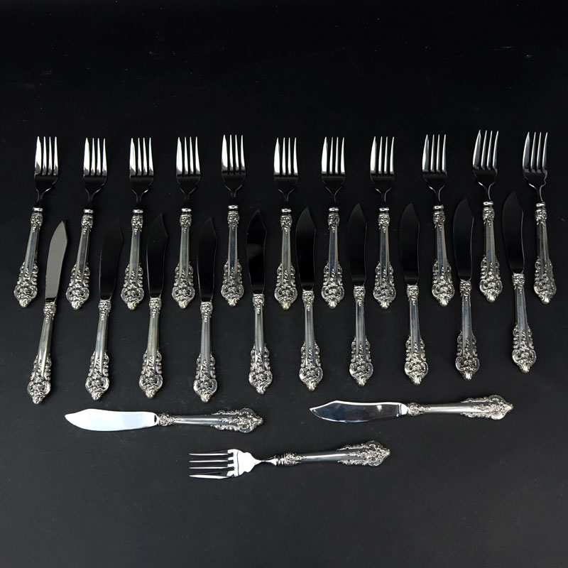 Twenty Four (24) Piece Wallace "Grand Baroque" Sterling Silver Handled Fish Set. 