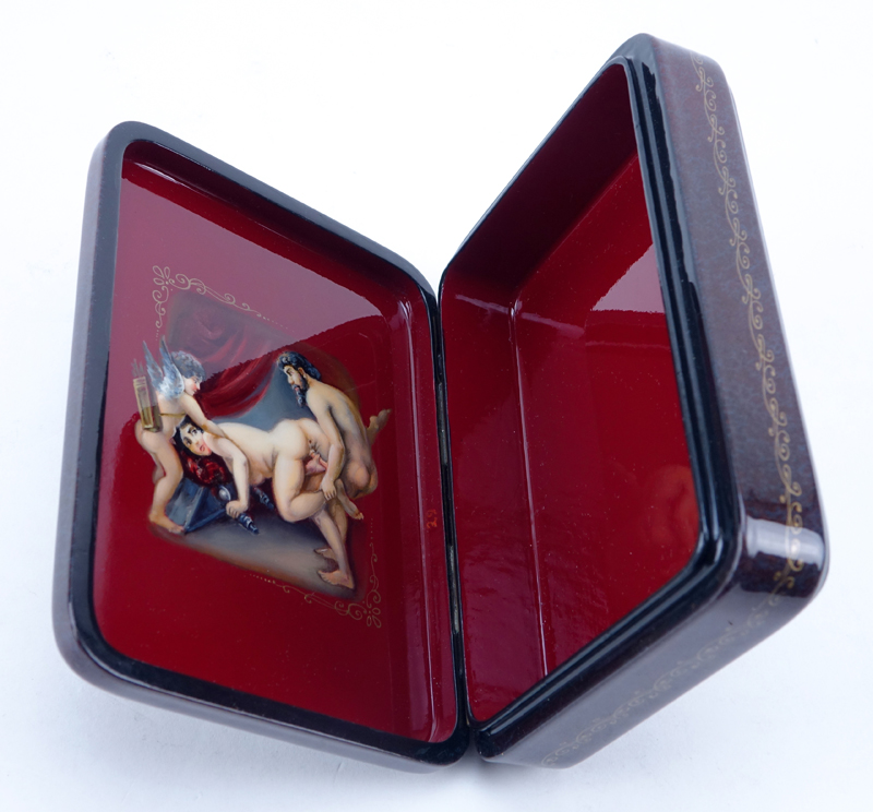 Russian Erotic Lacquered Paper Mache Box.