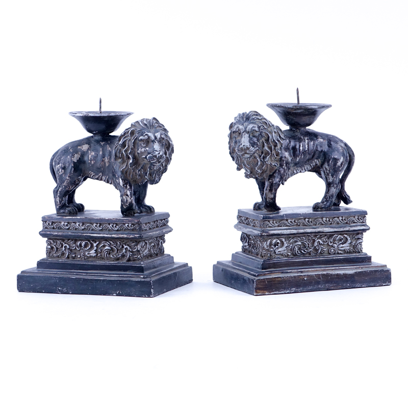 Pair of Renaissance Style Composition Lion Candlesticks.