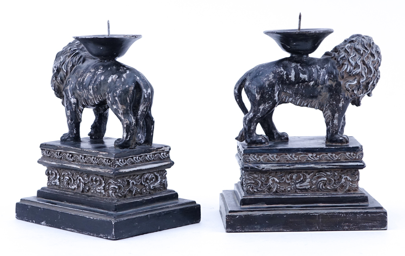 Pair of Renaissance Style Composition Lion Candlesticks.