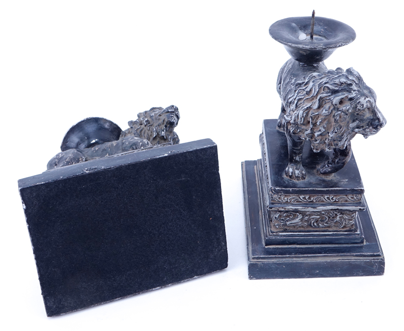 Pair of Renaissance Style Composition Lion Candlesticks.