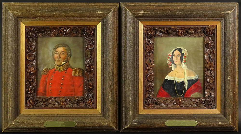 Pair of Antique Oil on Canvas Portraits "Our General" & "Nature Girl".