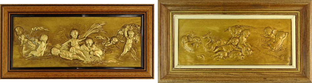 Pair of Vintage Composition Relief Plaques "Playful Cherubs" Unsigned.