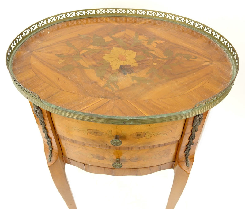 Mid Century French Marquetry Inlaid Brass Mounted End Table.