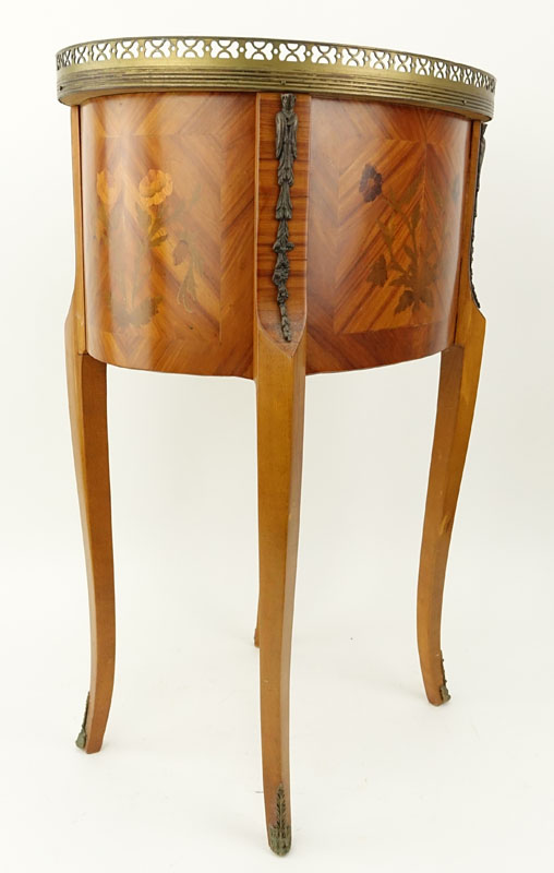 Mid Century French Marquetry Inlaid Brass Mounted End Table.