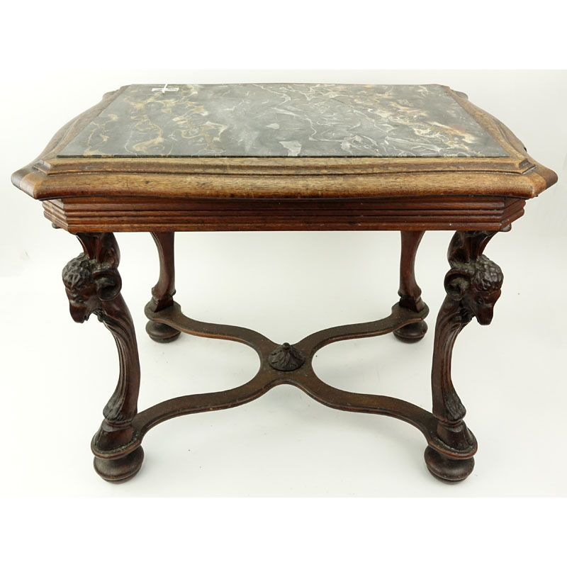 Mid Century Neoclassical Style Carved Wood Center Table with Marble Top.