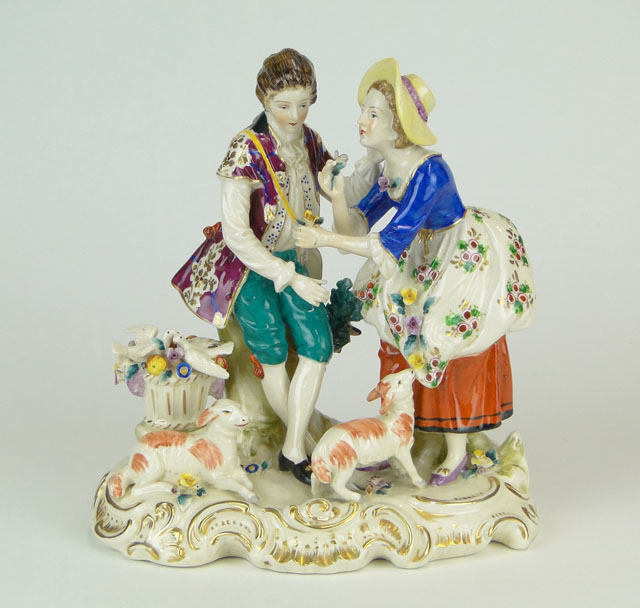 Early 20th Century Japanese Moriyama Meissen-style Painted Porcelain Figural Group "Shepherd and Shepherdess". 