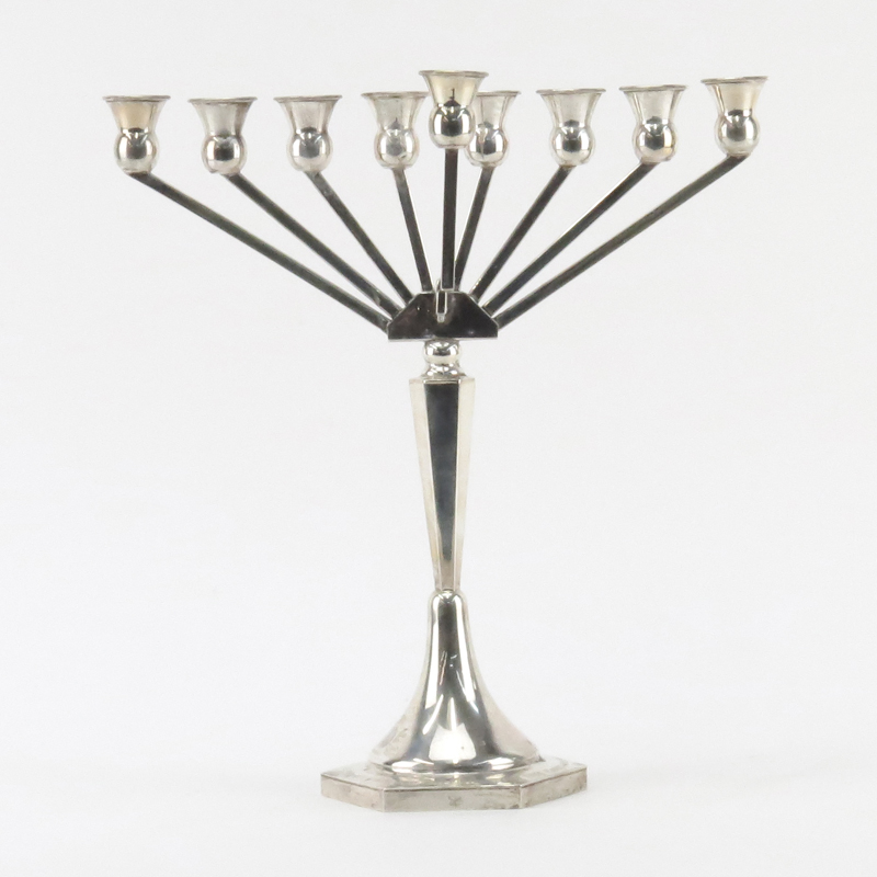 Modern Sterling Silver Menorah. Engraved on base.