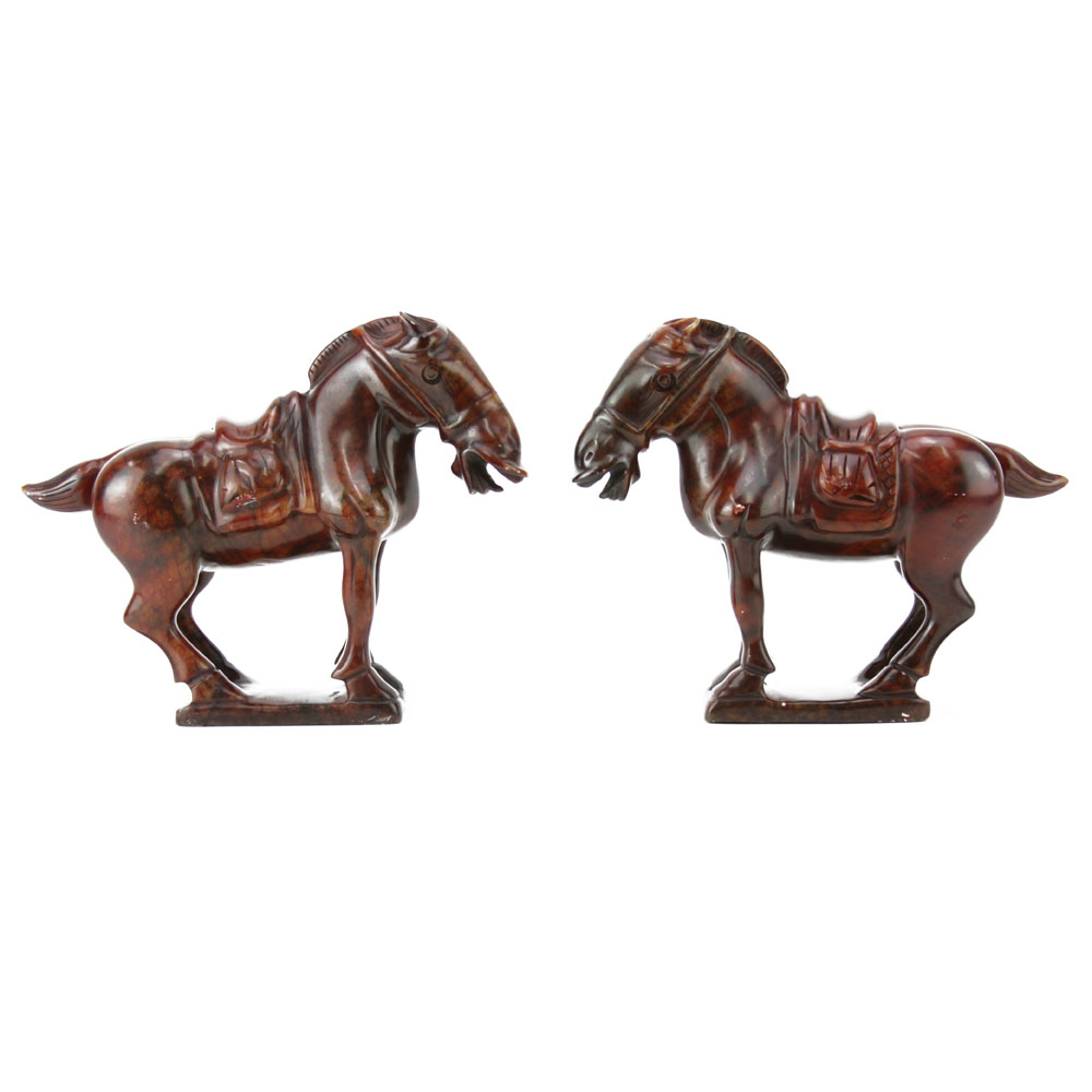 Pair of Mid 20th Century Chinese Carved Soapstone Tang Horse Figures.