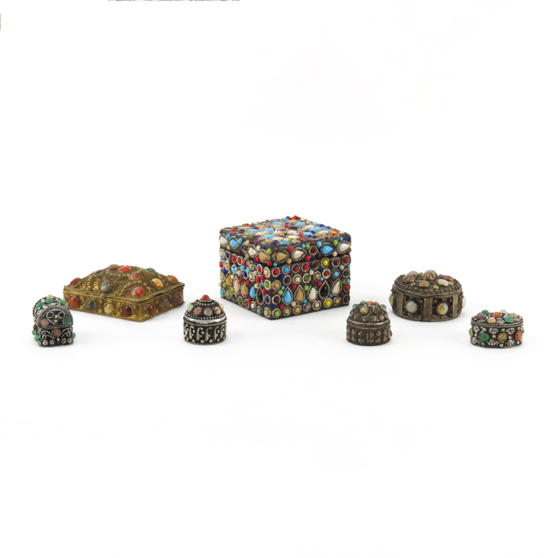 Collection of Seven (7) Indian Gemstone Inlaid Boxes.