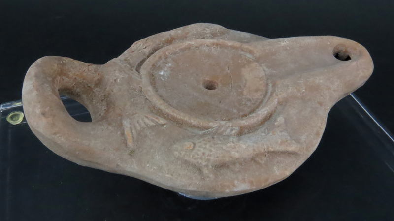 In the Manner of Byzantine Empire Terracotta Oil Lamp in Lucite Display Case.