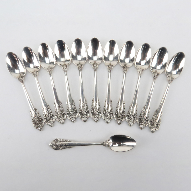 Set of Twelve (12) Wallace "Grand Baroque" Sterling Silver Teaspoons. Circa 1941. 