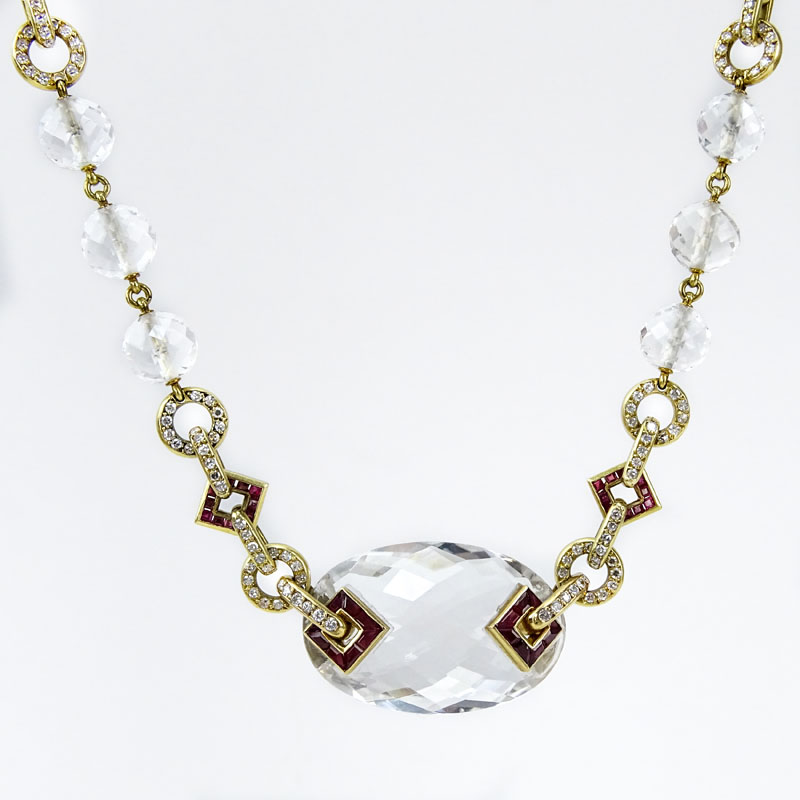 Approx. 4.0 Carat Diamond, 2.40 Carat Ruby, Rock Crystal and 18 Karat Yellow Gold Necklace. 