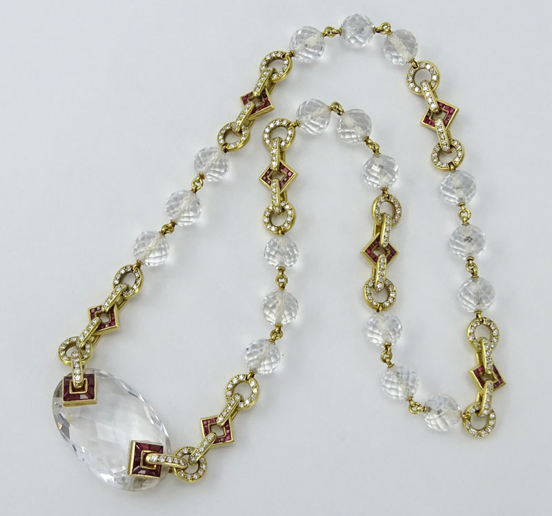 Approx. 4.0 Carat Diamond, 2.40 Carat Ruby, Rock Crystal and 18 Karat Yellow Gold Necklace. 