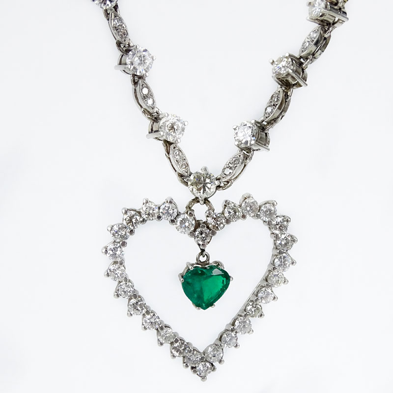 Vintage Approx. 10.50 Carat Round Brilliant and Marquise Cut Diamond and Heart Shape Emerald Heart Pendant Necklace.