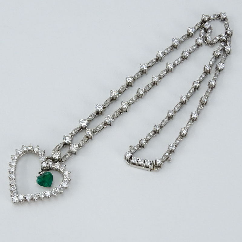 Vintage Approx. 10.50 Carat Round Brilliant and Marquise Cut Diamond and Heart Shape Emerald Heart Pendant Necklace.