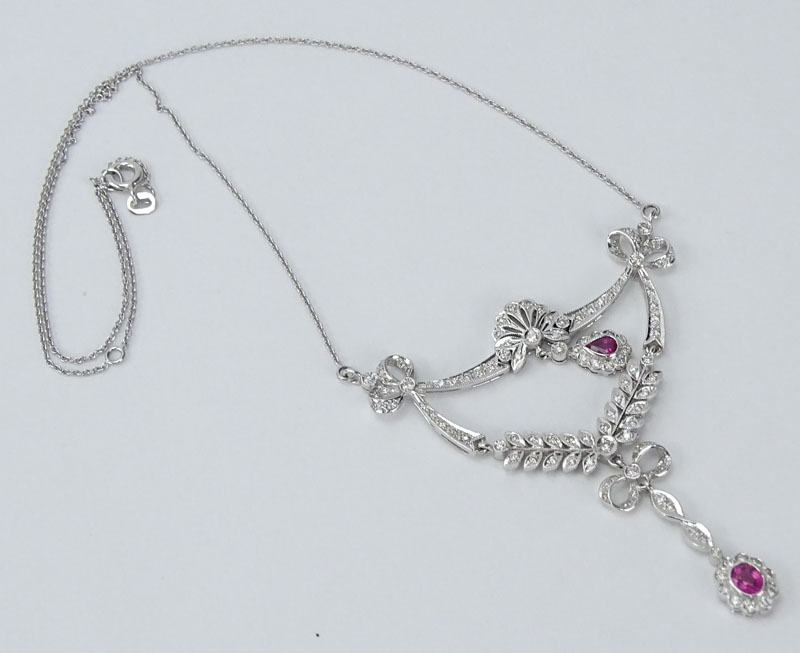 Edwardian style Diamond, Ruby and 18 Karat White Gold Pendant Necklace. 