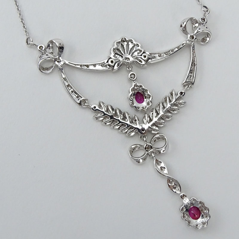 Edwardian style Diamond, Ruby and 18 Karat White Gold Pendant Necklace. 