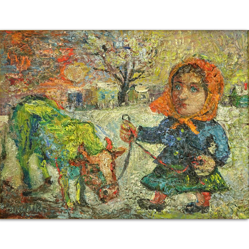 David Burliuk, Ukrainian/American (1882- 1967) "Woman with a Cow" Oil on Canvas 